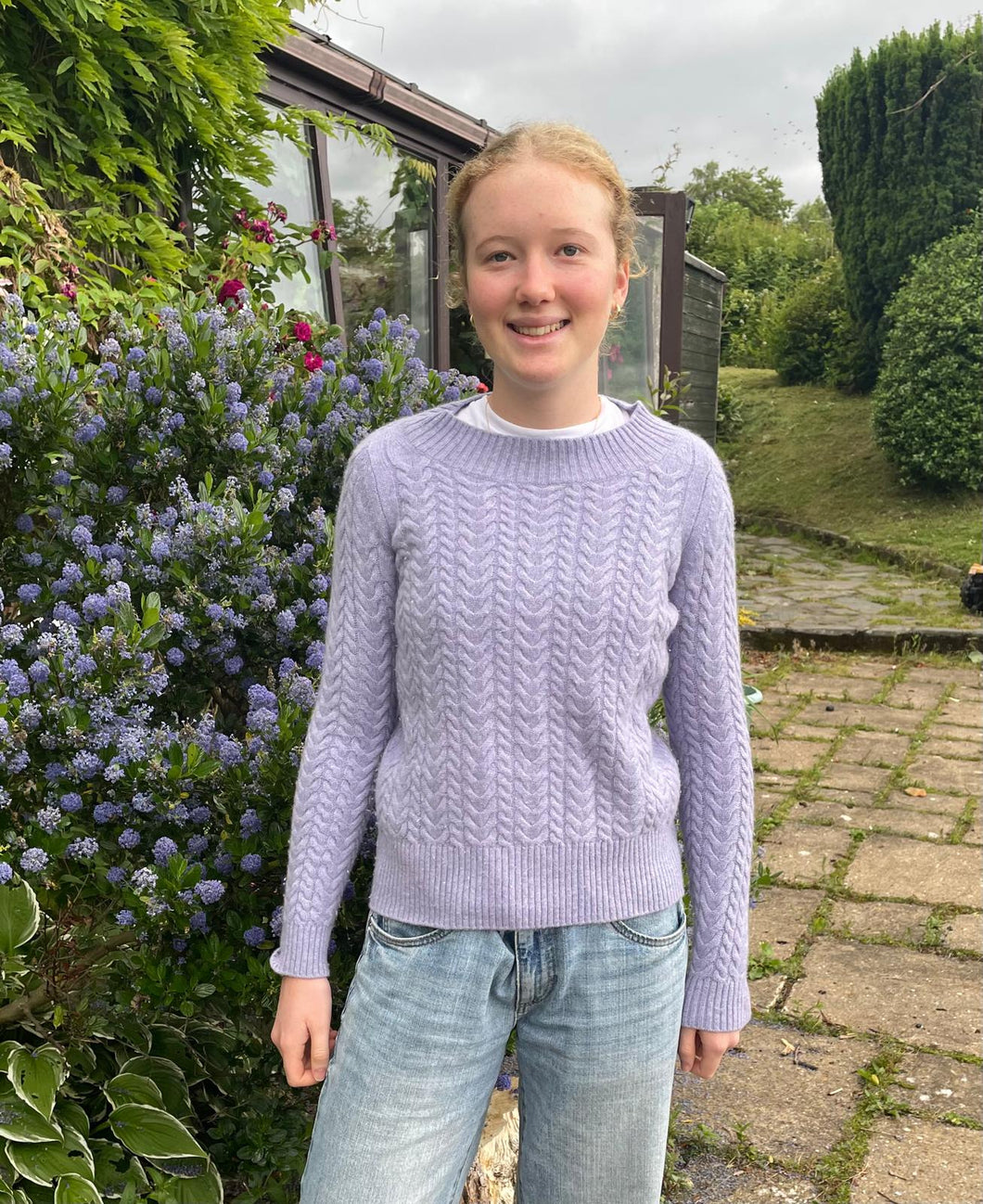 Pure cable knit Jersey in lilac with crew neck, ribbing, 35”, S/M