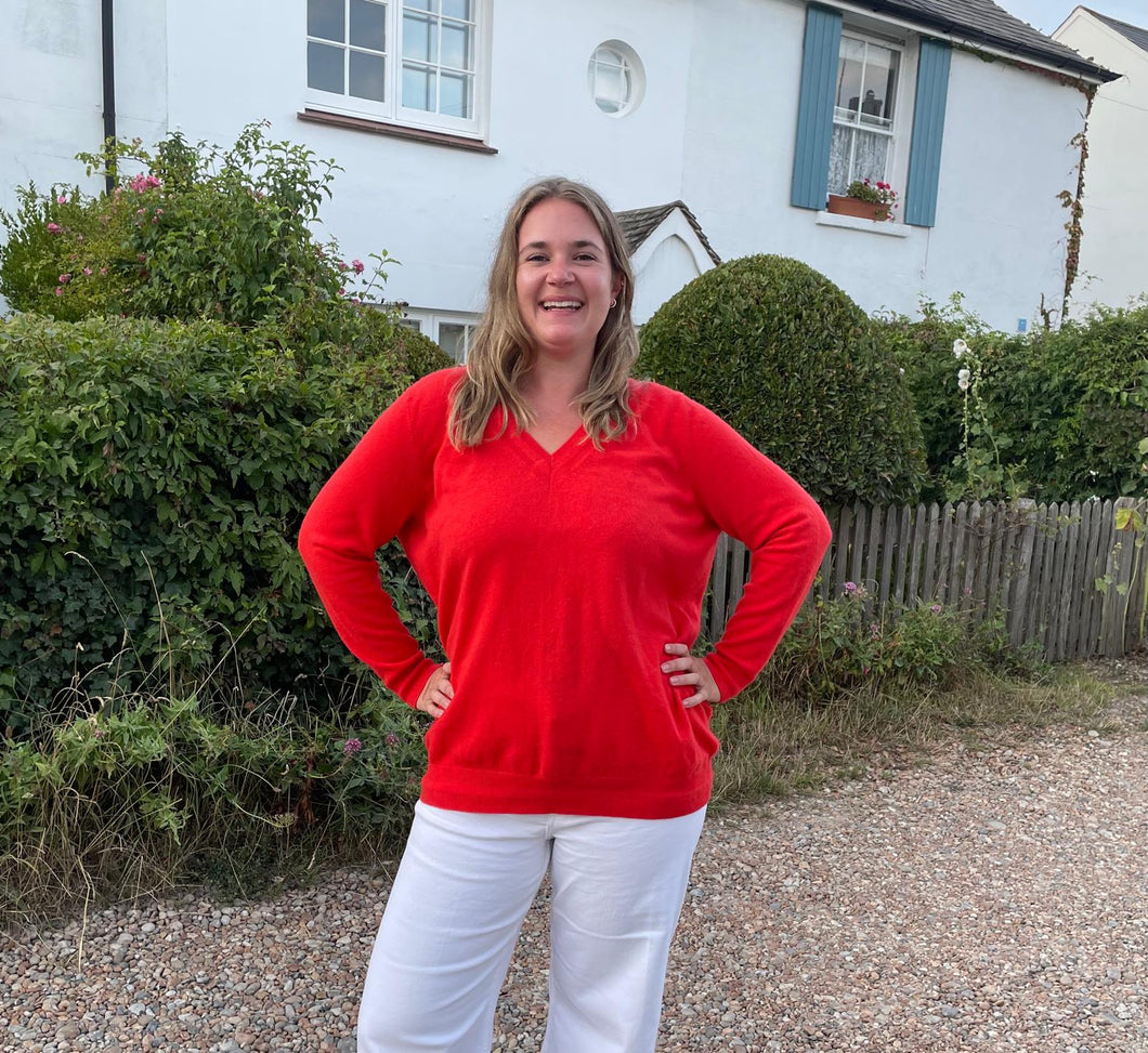 Boden orange red Jersey with decorative rib at V neck and round the base, 50”, XL