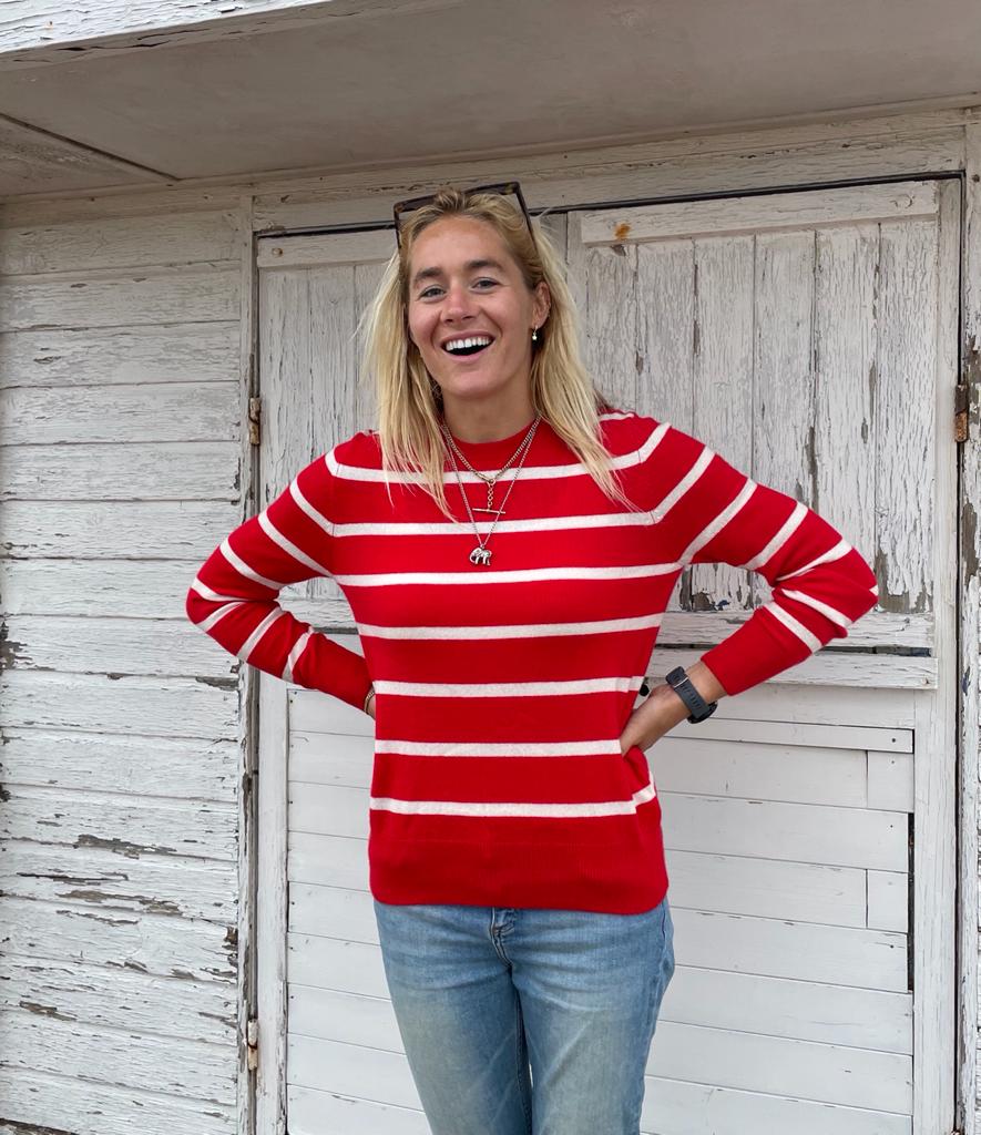 Red Crew Neck with cream stripes, Size M