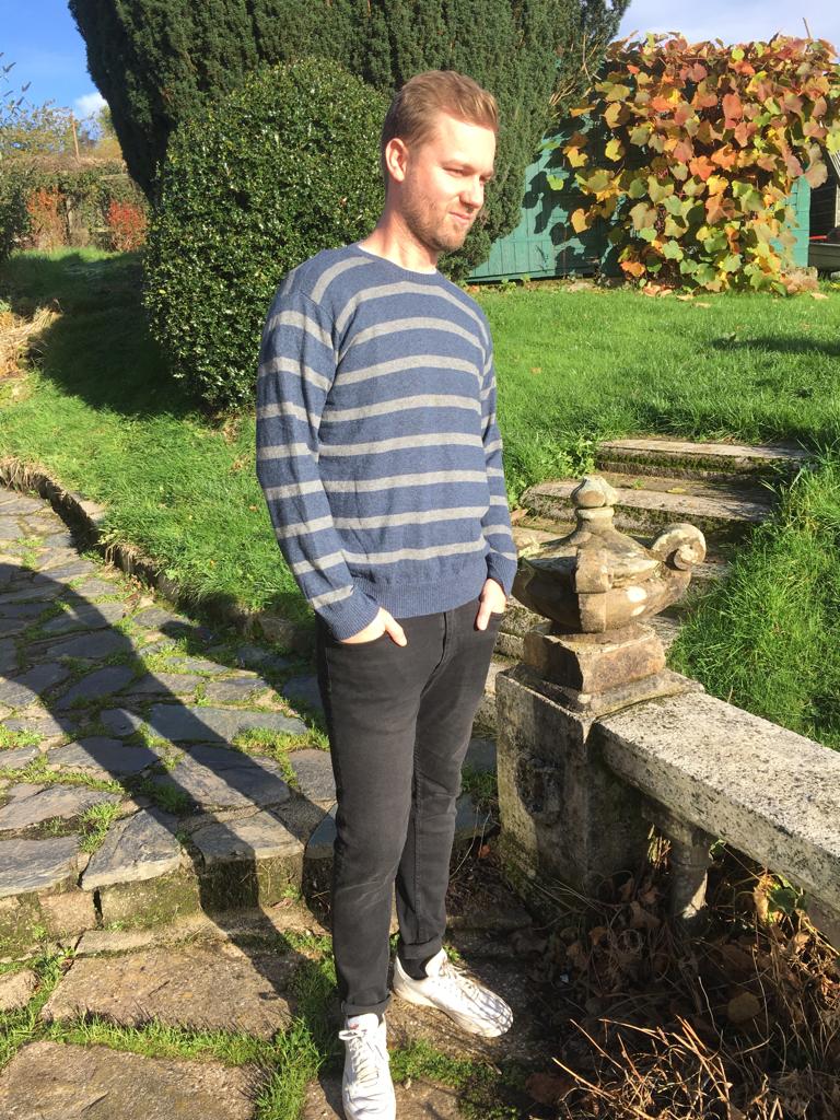 Lochmere men’s crew with grey stripes on a metal blue ground, Size L