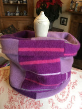 Load image into Gallery viewer, Reversible Snood  - Patchwork with magenta, pink and cream stripes, mauve and aubergine
